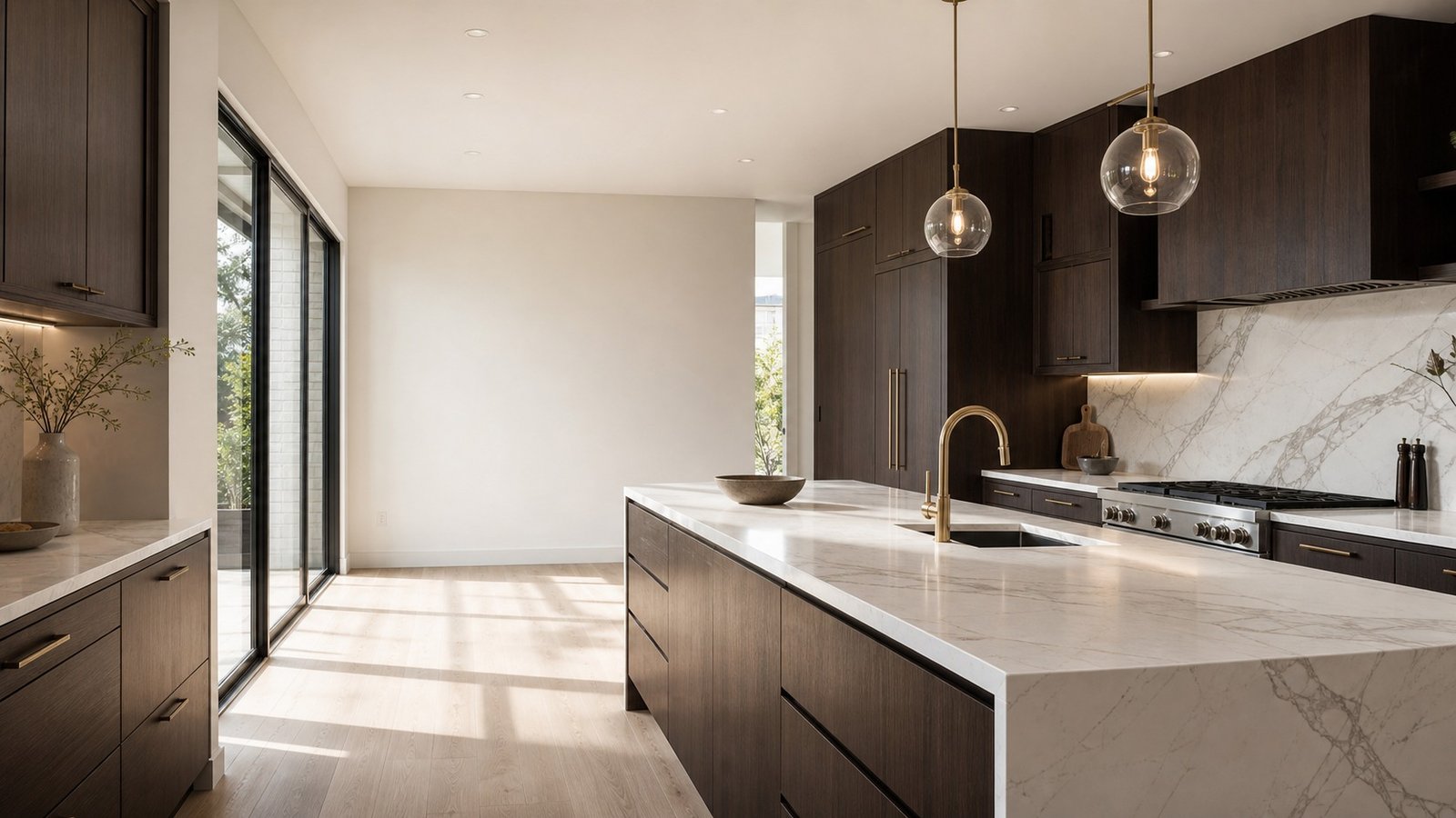 Modern luxury kitchen renovation in Melbourne featuring marble countertops and custom oak cabinetry