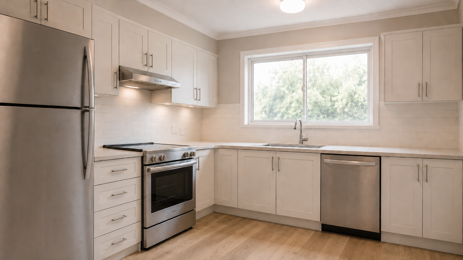 After modern luxury kitchen renovation with white quartz countertops