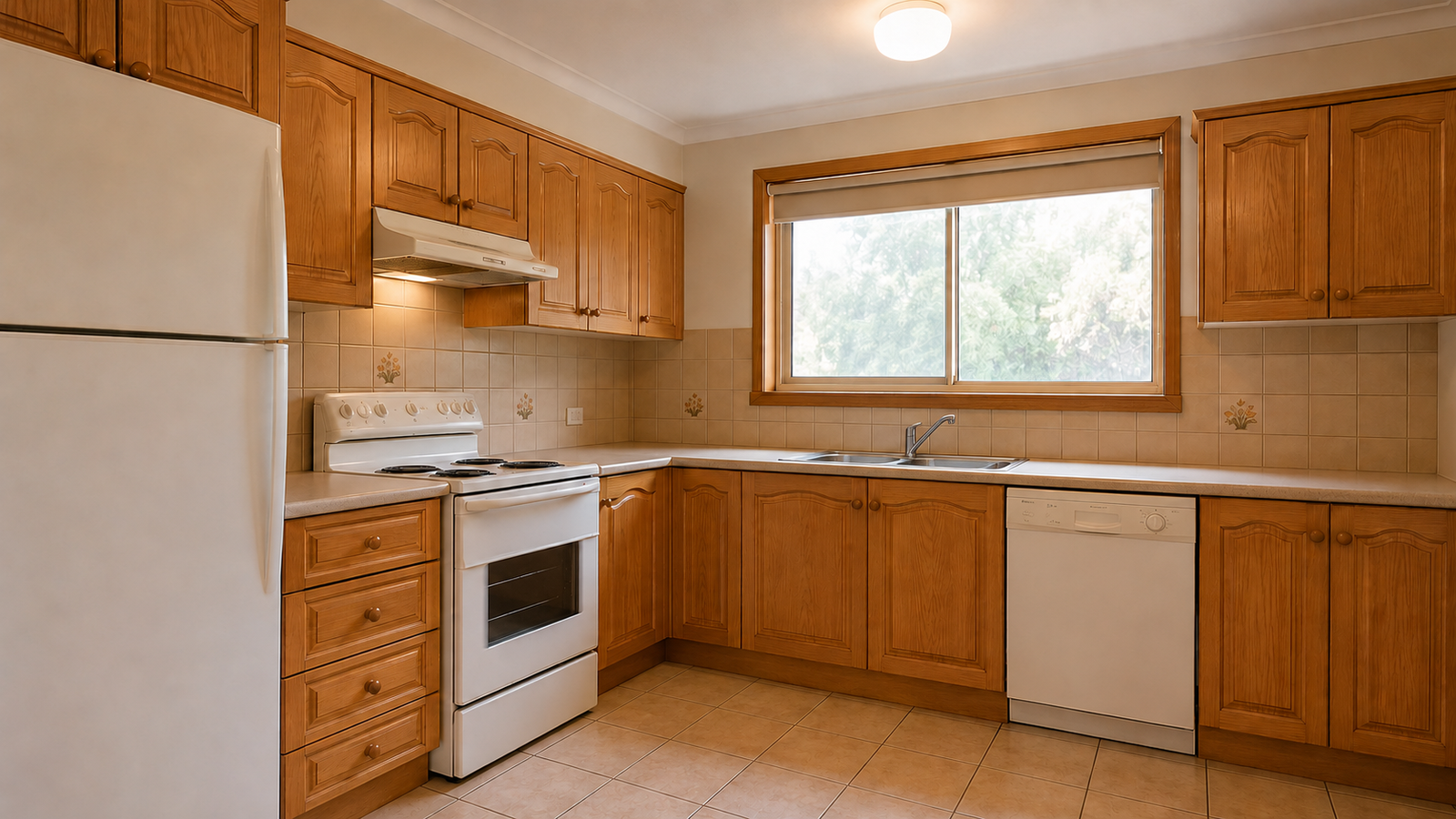 Before kitchen renovation with outdated wood cabinetry