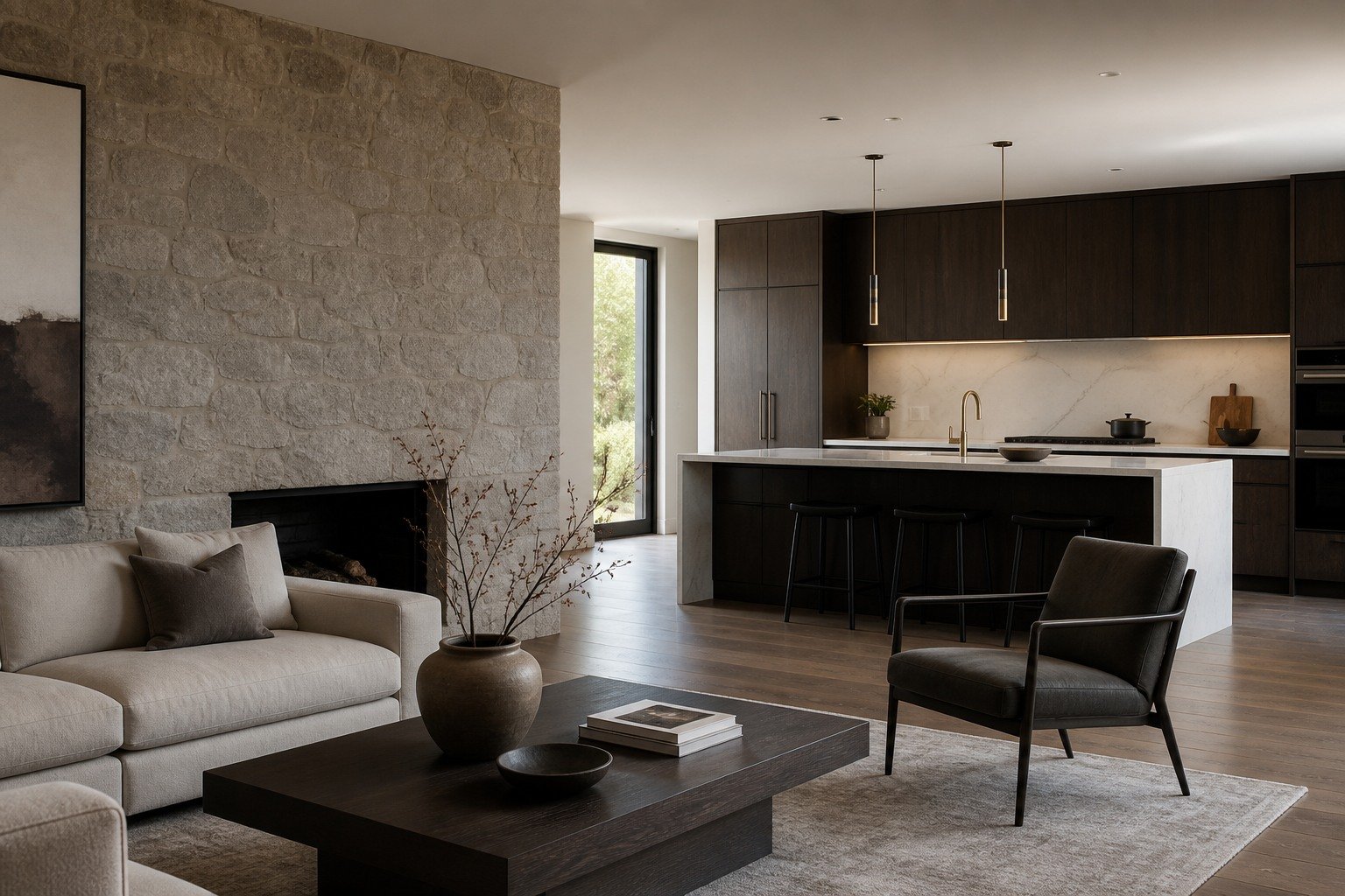 High-end open plan living room and kitchen renovation